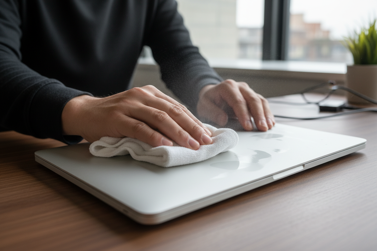 man wiping the back of laptop with a towel